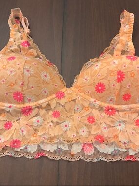 PINK Victoria's Secret Peach Floral Lace Bralette with Pink Accents